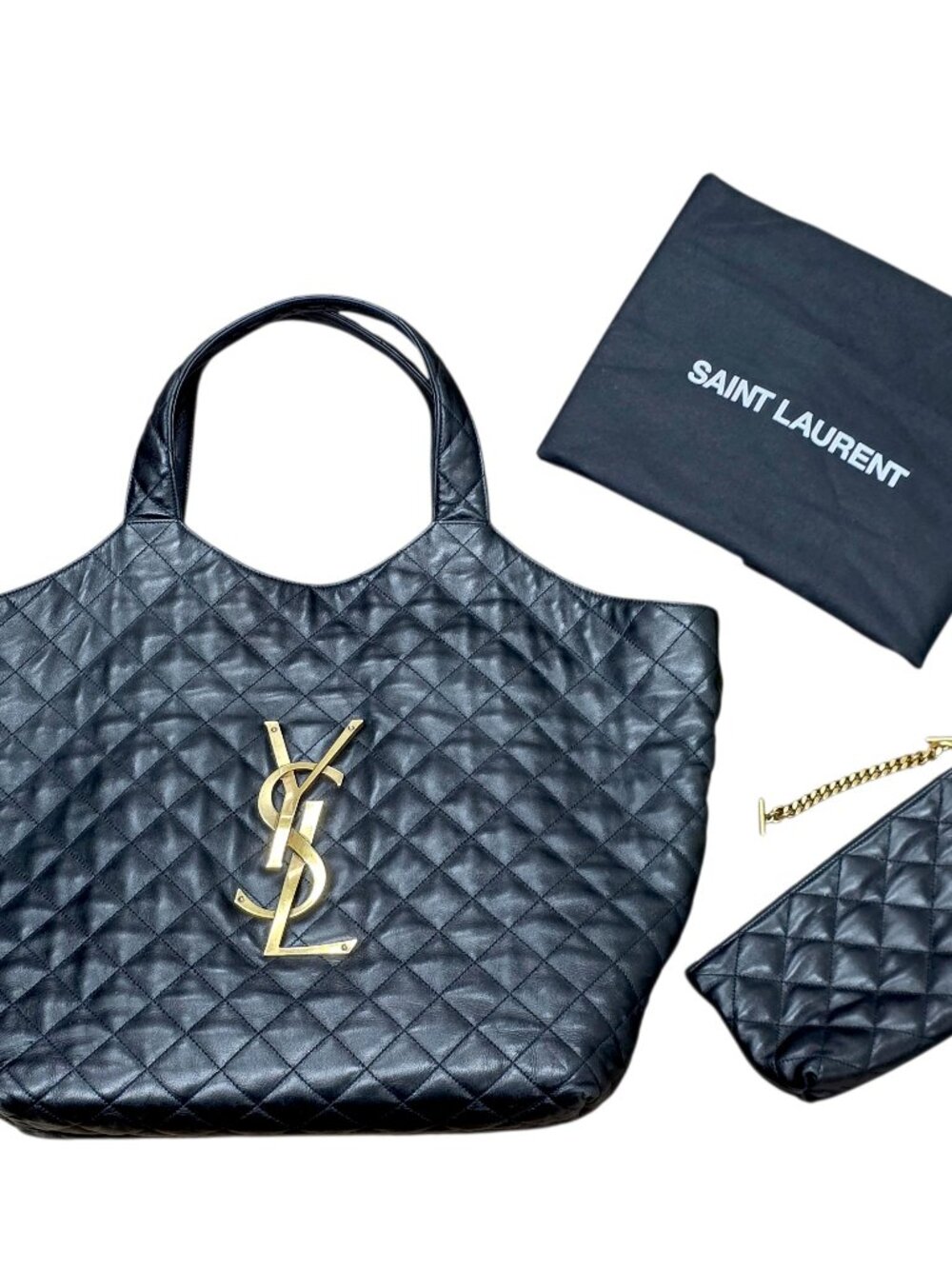 Saint Laurent YSL ICARE Maxi Shopping Tote Bag Quilted Lambskin Leather W/ Pouch